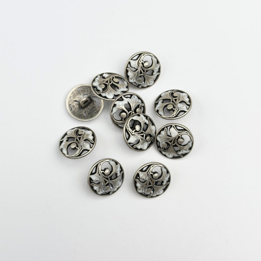 Button - Metal with leaf pattern - Silver/Cream - 18 - mm