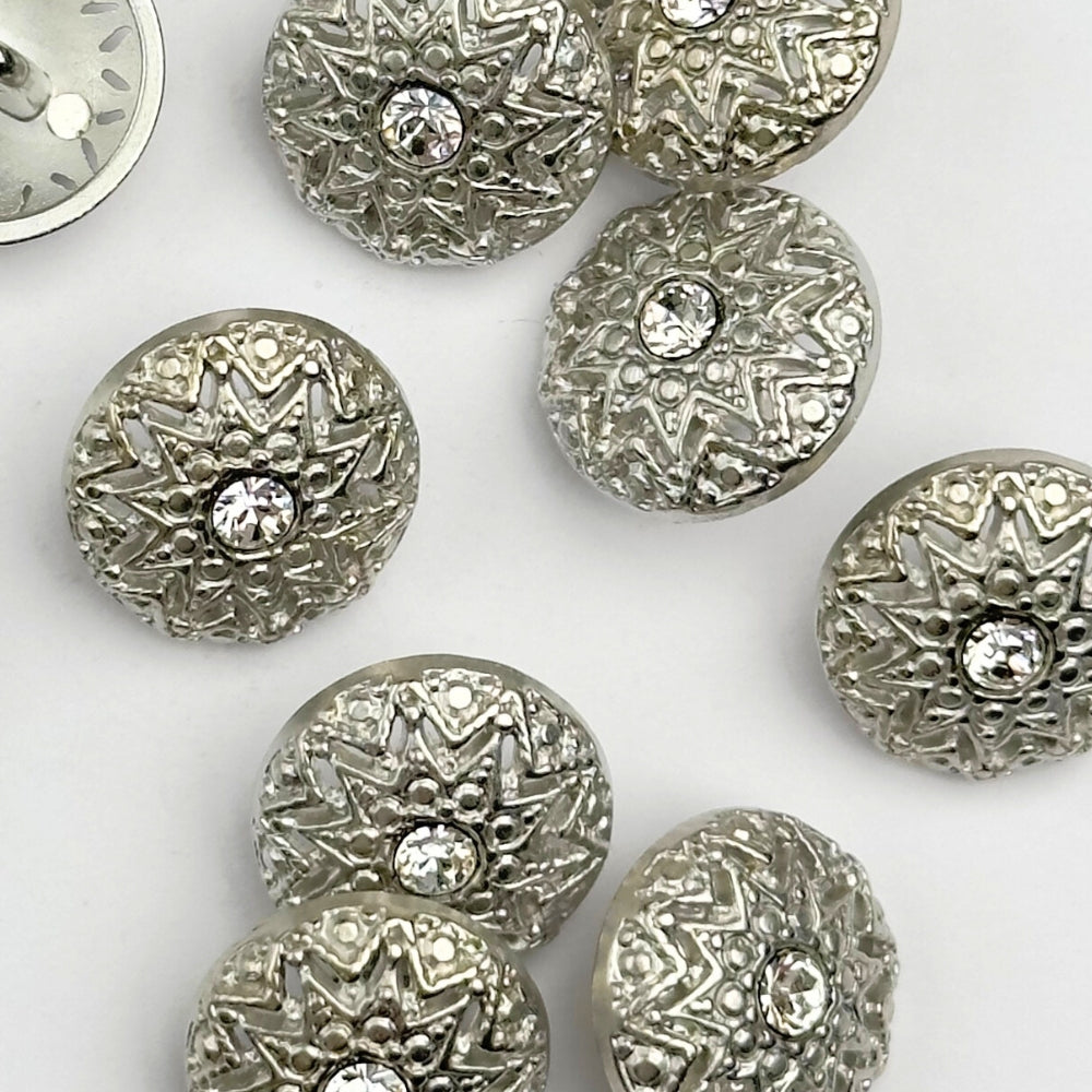 Button - Metal with Enamel and Crystal - Silver - 15 mm