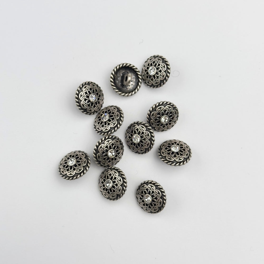 Button - Metal with Crystal - Silver/Black - 15 mm
