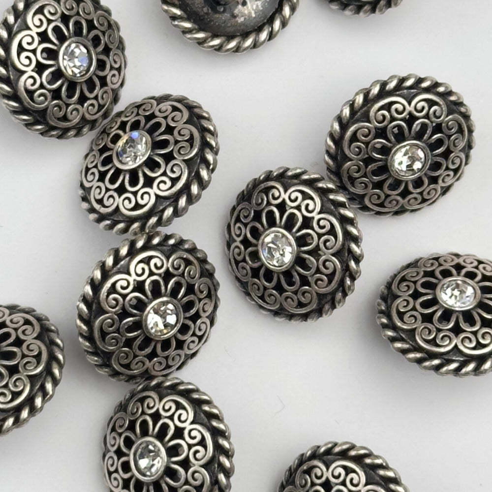 Button - Metal with Crystal - Silver/Black - 15 mm
