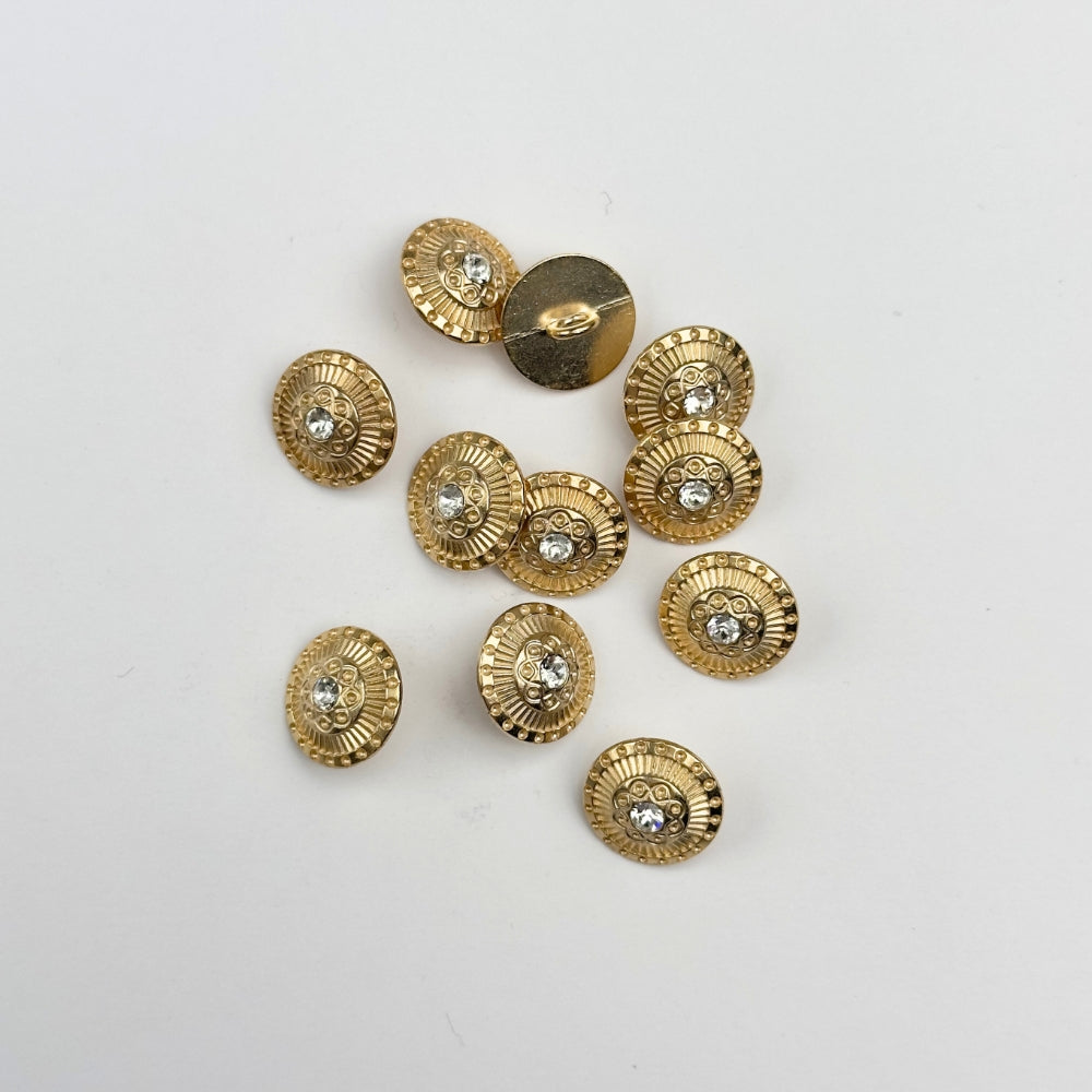 Button - Metal with Crystal - Gold - 15 mm