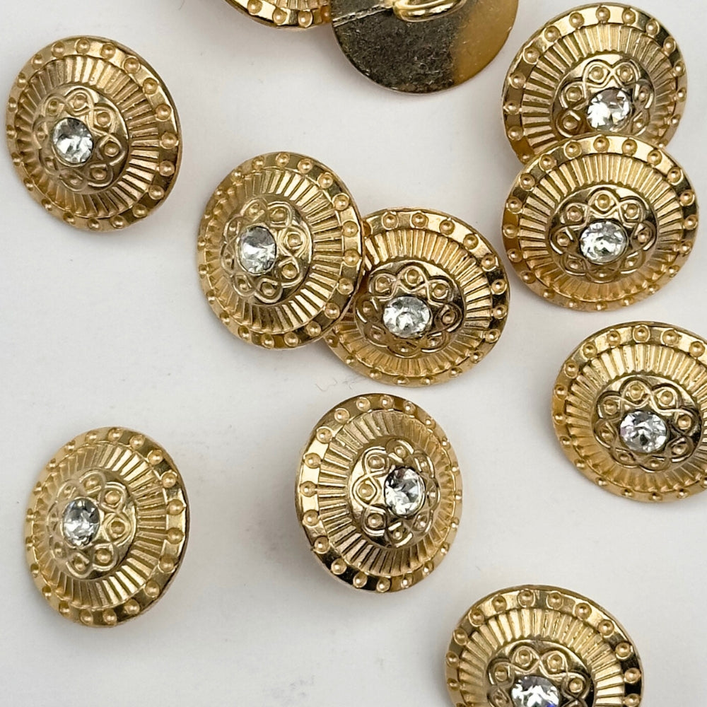 Button - Metal with Crystal - Gold - 15 mm