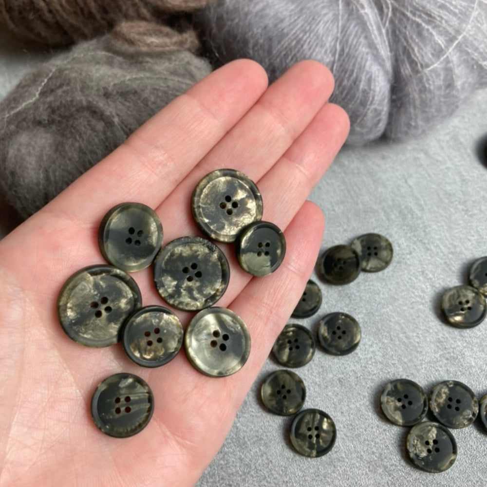 Button - Imitation Marble - Black/Brass - 15 mm