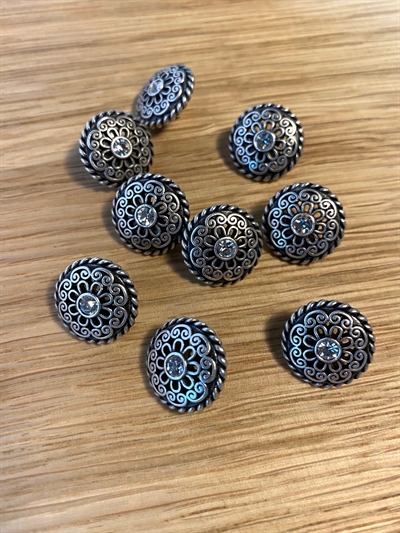 Metal Knapper med Krystal - Sølv - Sort - 15mm 